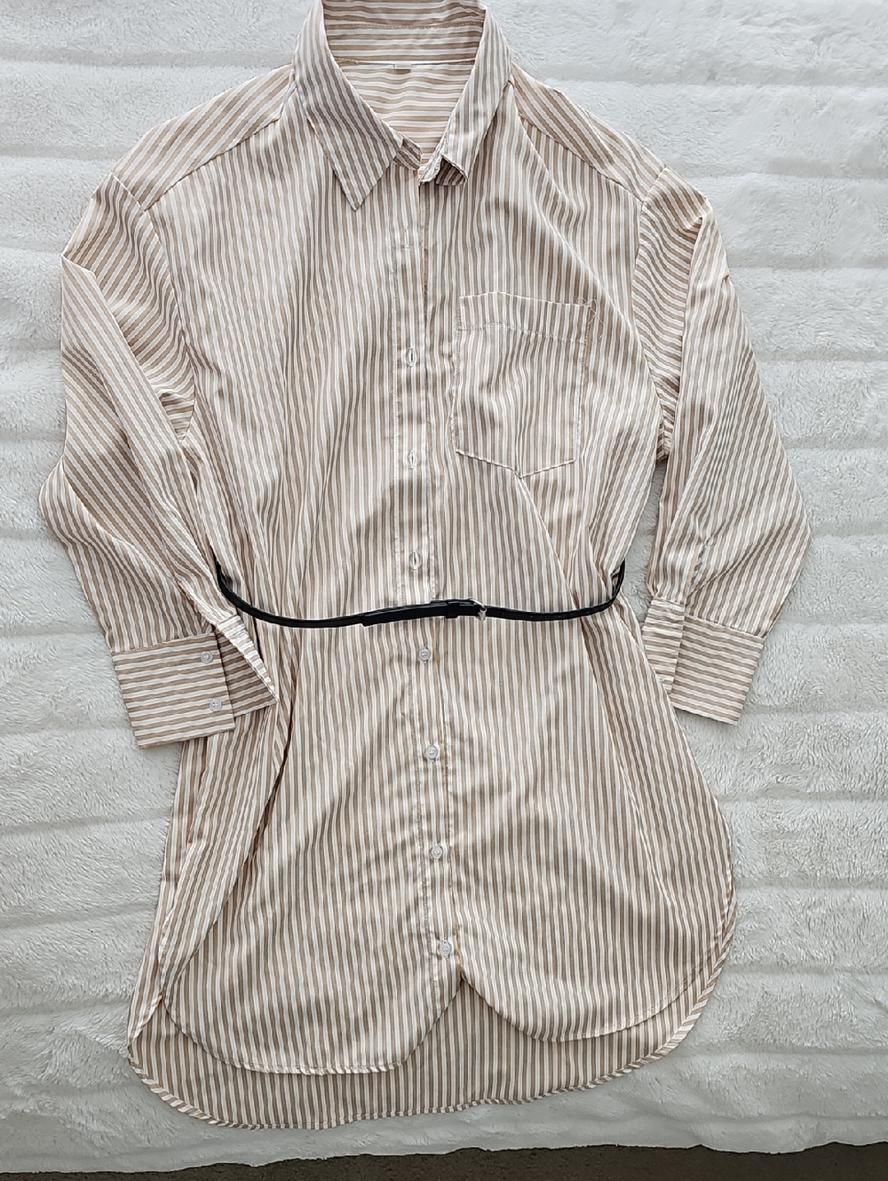 Beige & White Striped Women’s Button-Down Shirt Dress (Oversize Fit)